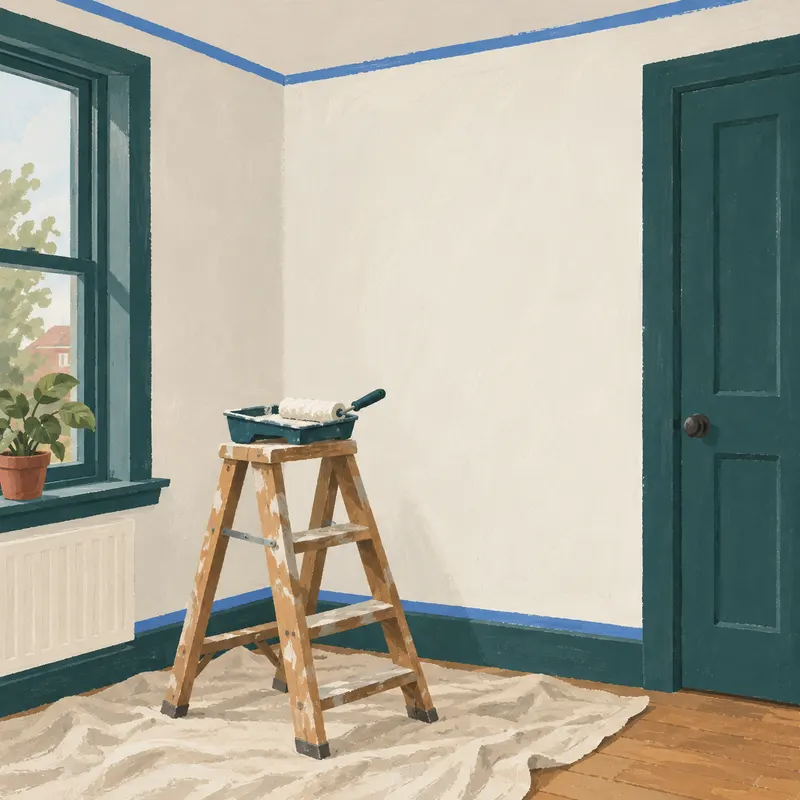 Hoek van een woonkamer tijdens het schilderen: de muur net gebroken wit, blauwe tape langs het plafond, een afdekzeil en een trapje met verfbak.
