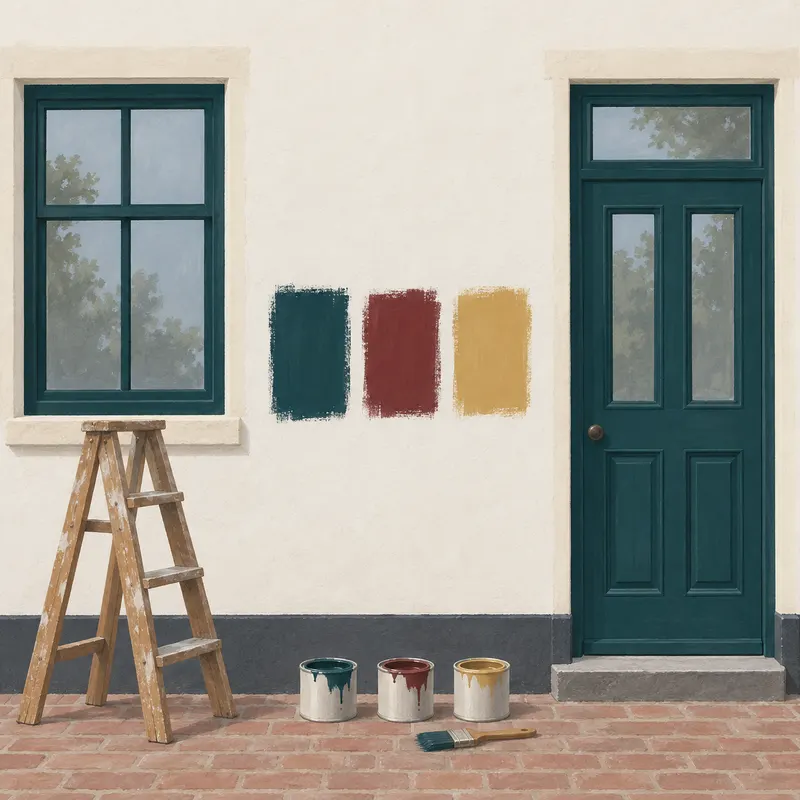 Drie geschilderde proefvlakken naast elkaar op een muur: groenblauw, ossenbloedrood en okergeel, met drie blikjes verf en een kwast op de vloer.